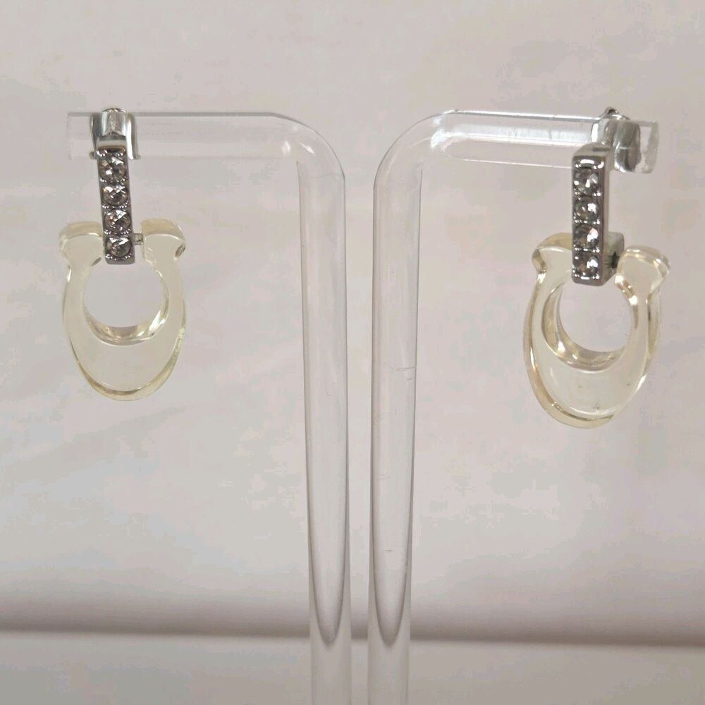 Coach Signature C Lucite Drop Earrings Pavé Crystals Silver Tone